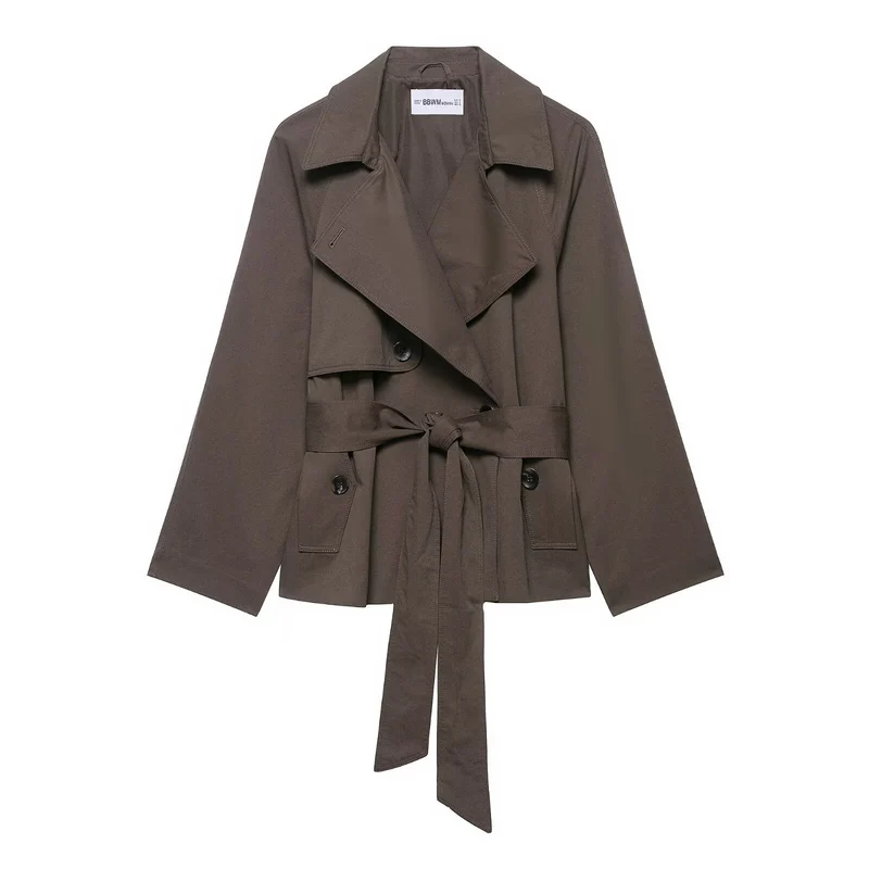 Damen 300+ kurzer Cropped‑Trenchblouson mit weiten Revers, Bindegürtel und Pattentaschen Drune