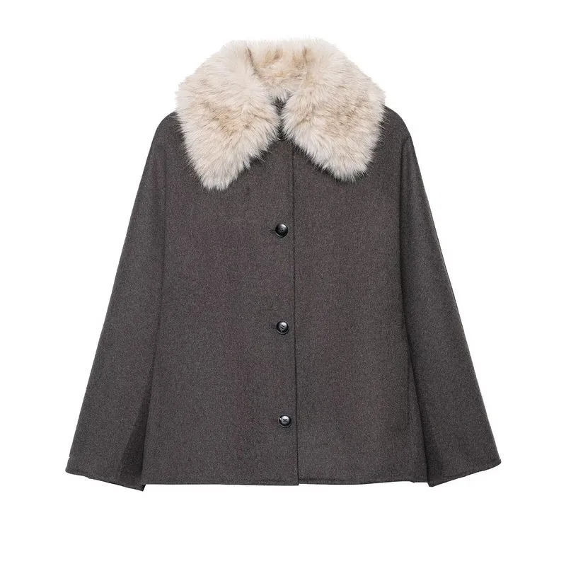 Damen 300+ gefütterter Wollmix‑Cape‑Mantel mit abnehmbarem Kunstfellkragen Drune