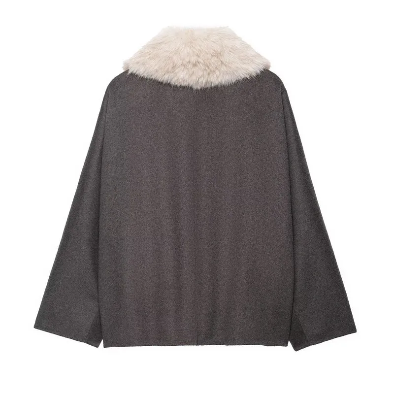 Damen 300+ gefütterter Wollmix‑Cape‑Mantel mit abnehmbarem Kunstfellkragen Drune