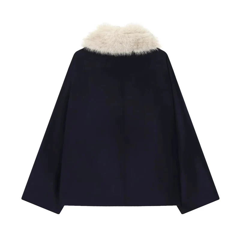 Damen 300+ gefütterter Wollmix‑Cape‑Mantel mit abnehmbarem Kunstfellkragen Drune