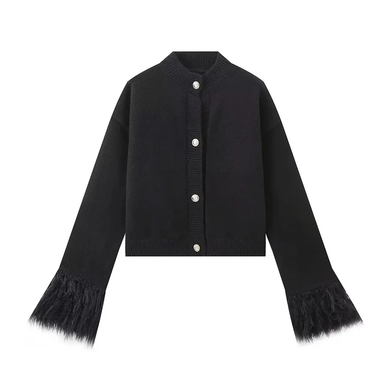 Damen 300+ Cropped Strickjacke mit Fransenärmeln und Perlenknopfleiste Drune