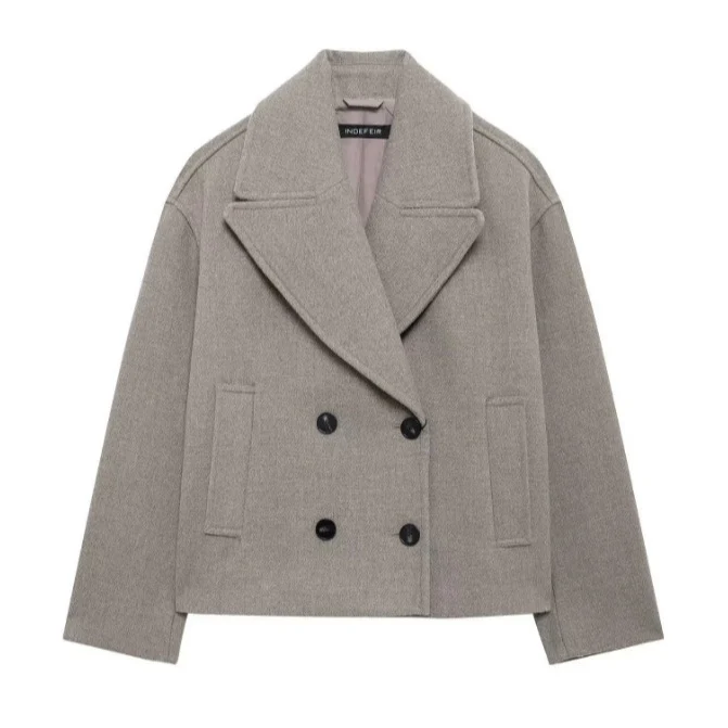 Damen 300+ Cropped doppeltreihiger Wollmix‑Blouson mit weitem Revers Drune
