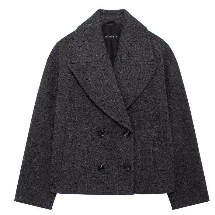 Damen 300+ Cropped doppeltreihiger Wollmix‑Blouson mit weitem Revers Drune