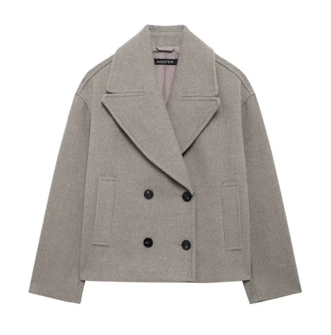 Damen 300+ Cropped doppeltreihiger Wollmix‑Blouson mit weitem Revers Drune