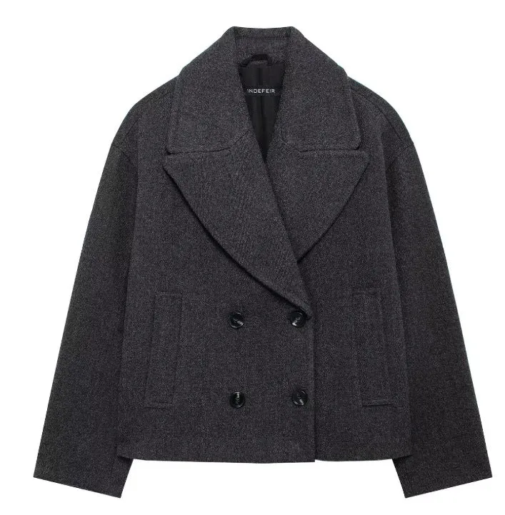 Damen 300+ Cropped doppeltreihiger Wollmix‑Blouson mit weitem Revers Drune