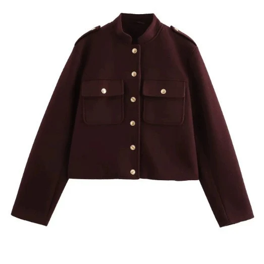Damen 300+ Boxy Kurzjacke aus Wollmix mit Pattentaschen und goldenen Druckknöpfen Drune
