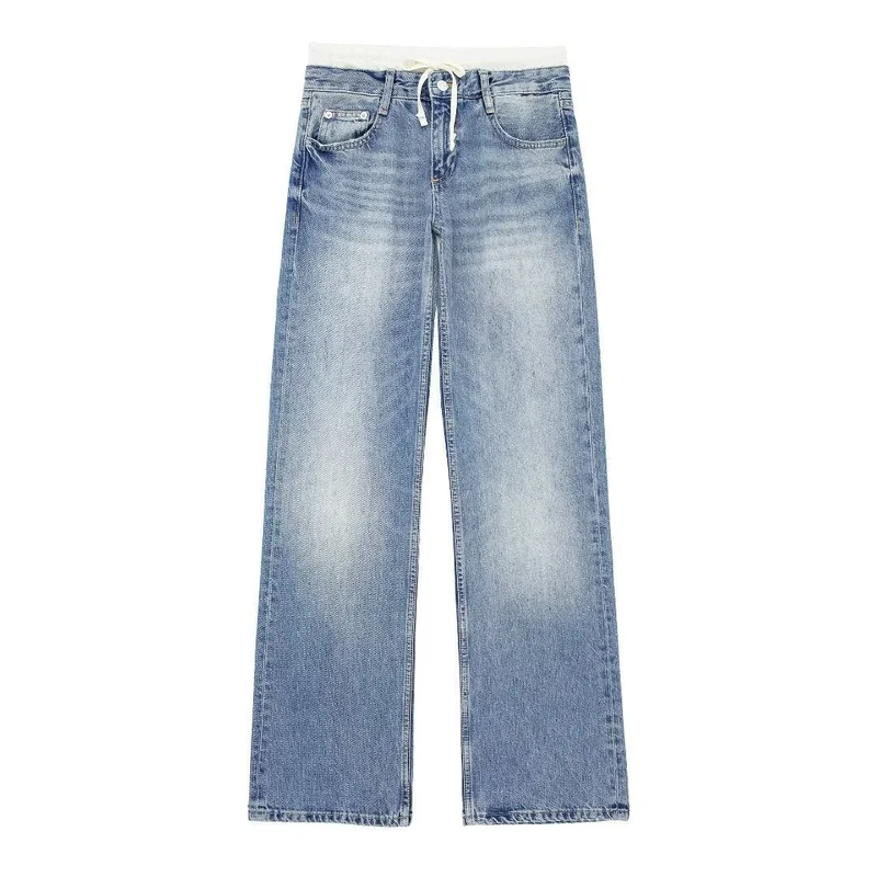 Damen 30+ weite High‑Waist Jeans mit elastischem Tunnelzugbund und geradem Bein Drune