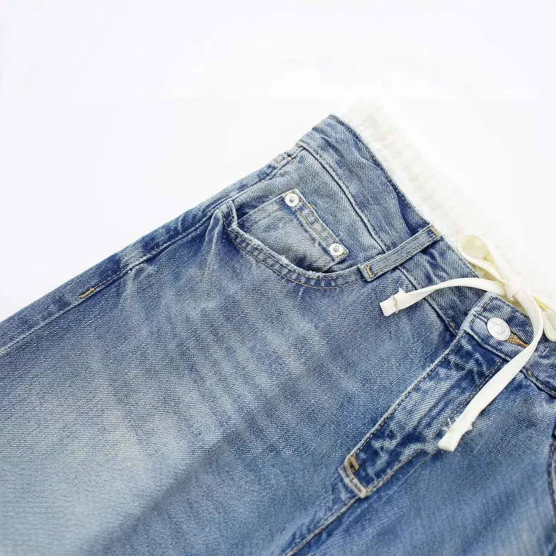 Damen 30+ weite High‑Waist Jeans mit elastischem Tunnelzugbund und geradem Bein Drune