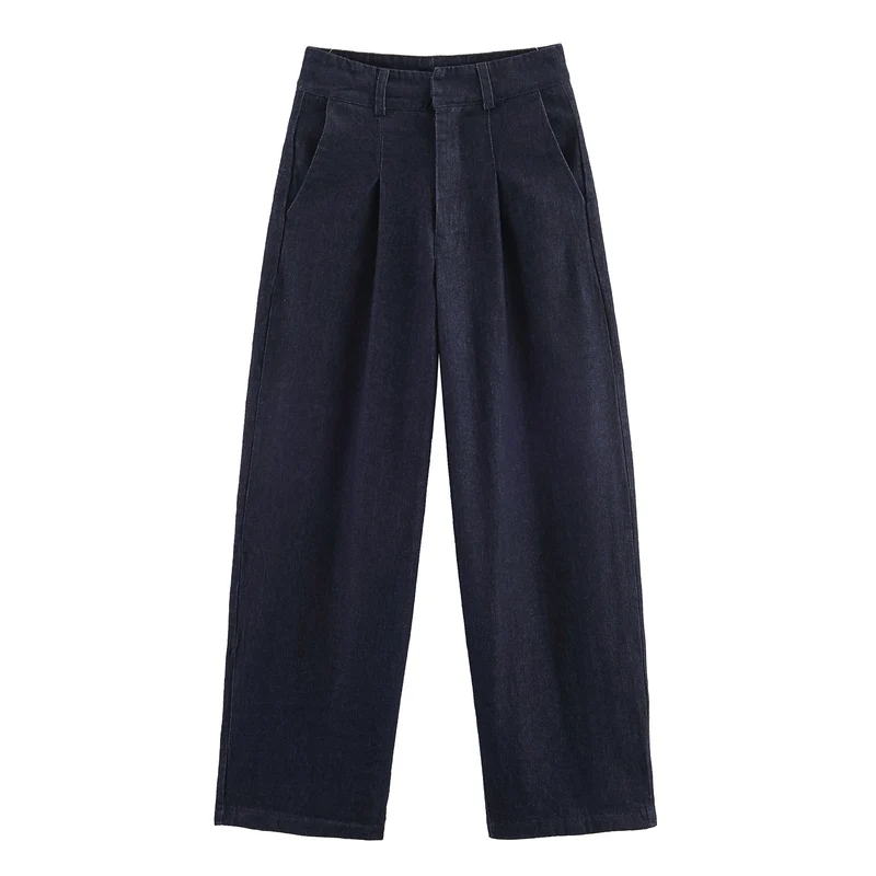 Damen 30+ weite High‑Waist Denim‑Palazzohose mit Bundfalten und Bügelfalte Drune