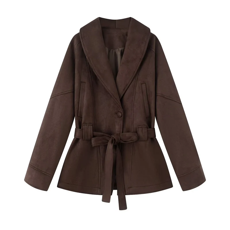 Damen 30+ taillierte Kurzjacke mit Schalkragen, Bindegürtel und Kunstvelours Drune