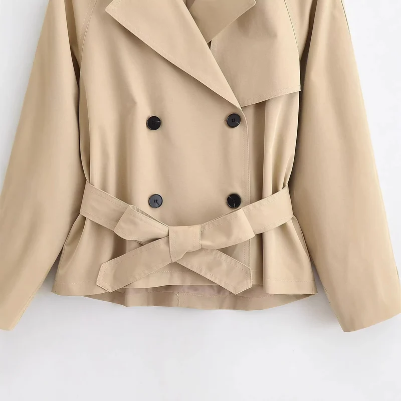 Damen 30+ kurzer taillierter Cropped Trenchcoat mit doppelreihiger Knopfleiste und Bindegürtel Drune