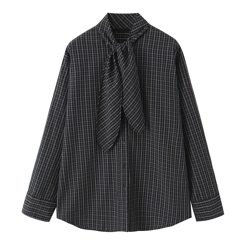 Damen 30+ karierte Hemdbluse mit Schleifenkragen und Oversize‑Passform Drune