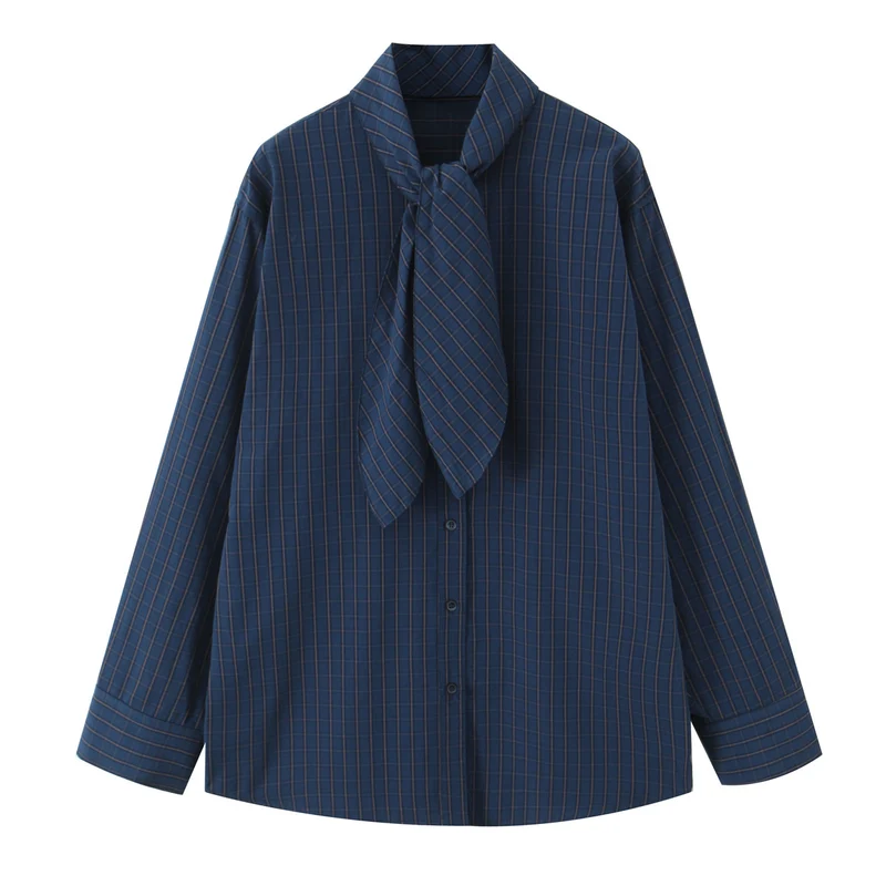 Damen 30+ karierte Hemdbluse mit Schleifenkragen und Oversize‑Passform Drune