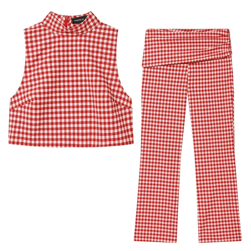 Damen 30+ hochtaillierte Wide‑Leg‑Hose mit Umschlagbund und Vichy‑Karo Drune