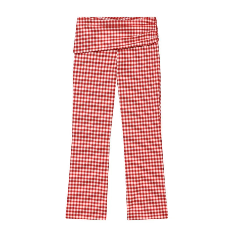 Damen 30+ hochtaillierte Wide‑Leg‑Hose mit Umschlagbund und Vichy‑Karo Drune