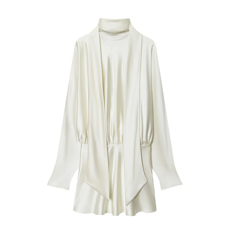 Damen 30+ elegante seidenähnliche Bluse mit Stehkragen und drapiertem Schlupfdetail Drune