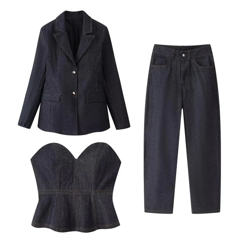 Damen 30+ dreiteiliges Denim-Set: taillierter Blazer, Taillen-Corsage & High-Waist-Jeans Drune