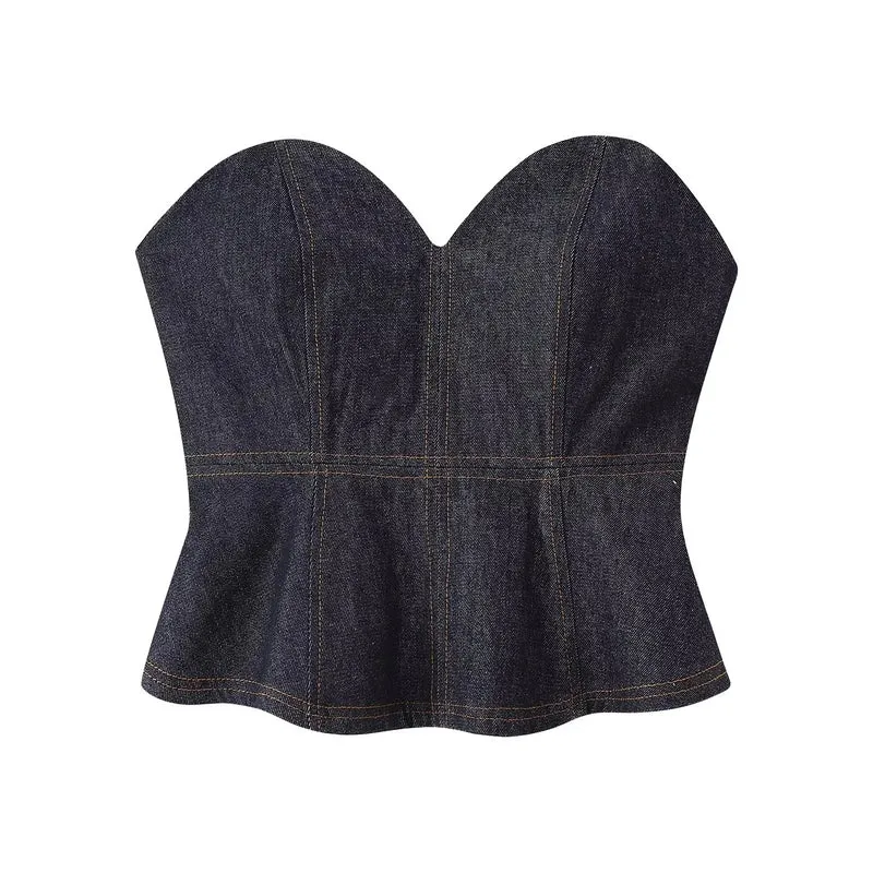Damen 30+ dreiteiliges Denim-Set: taillierter Blazer, Taillen-Corsage & High-Waist-Jeans Drune