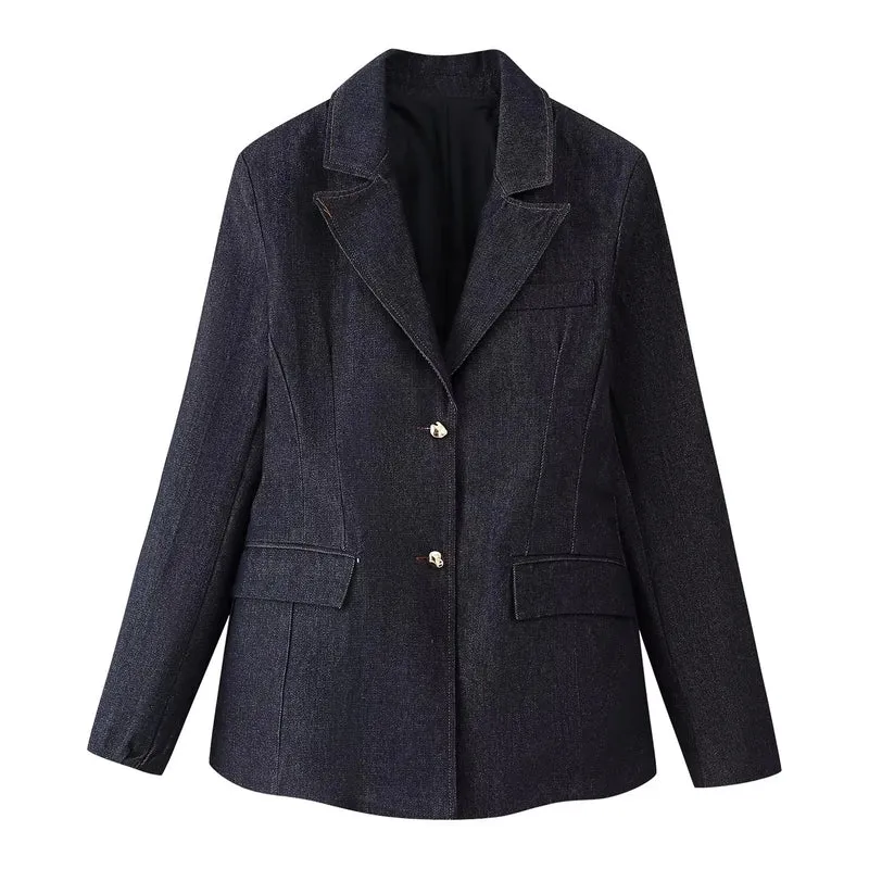 Damen 30+ dreiteiliges Denim-Set: taillierter Blazer, Taillen-Corsage & High-Waist-Jeans Drune
