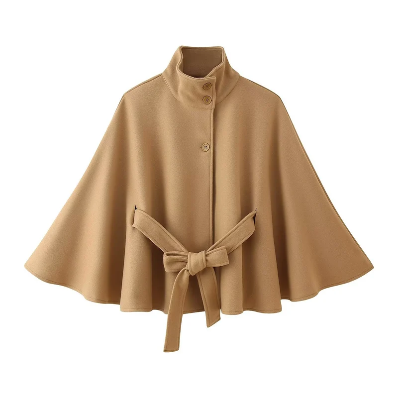Damen 2900+ eleganter kurzer Cape‑Umhang mit Stehkragen, Knopfleiste und Taillenband Drune