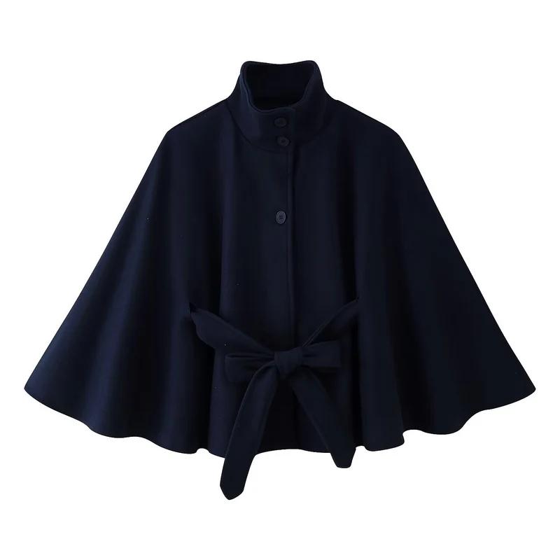 Damen 2900+ eleganter kurzer Cape‑Umhang mit Stehkragen, Knopfleiste und Taillenband Drune