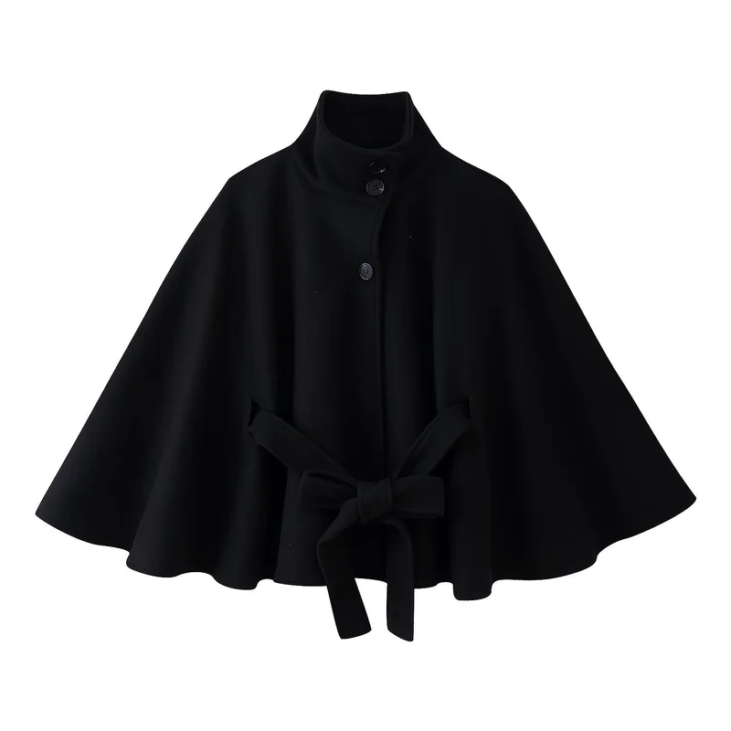 Damen 2900+ eleganter kurzer Cape‑Umhang mit Stehkragen, Knopfleiste und Taillenband Drune