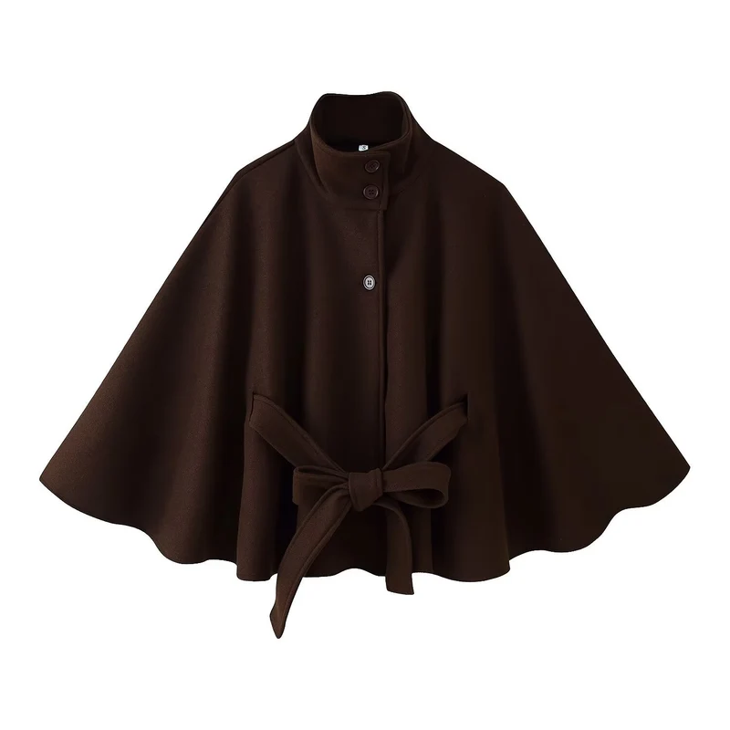 Damen 2900+ eleganter kurzer Cape‑Umhang mit Stehkragen, Knopfleiste und Taillenband Drune
