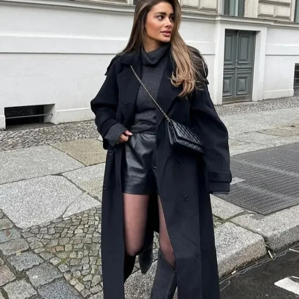 Damen 2200+ Wollmix‑Longmantel im Oversize‑Schnitt mit doppelreihiger Knopfleiste und verstellbaren Manschetten Drune