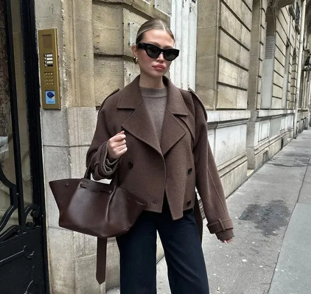 Damen 2200+ Wollmix‑Longmantel im Oversize‑Schnitt mit doppelreihiger Knopfleiste und verstellbaren Manschetten Drune