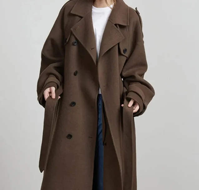 Damen 2200+ Wollmix‑Longmantel im Oversize‑Schnitt mit doppelreihiger Knopfleiste und verstellbaren Manschetten Drune