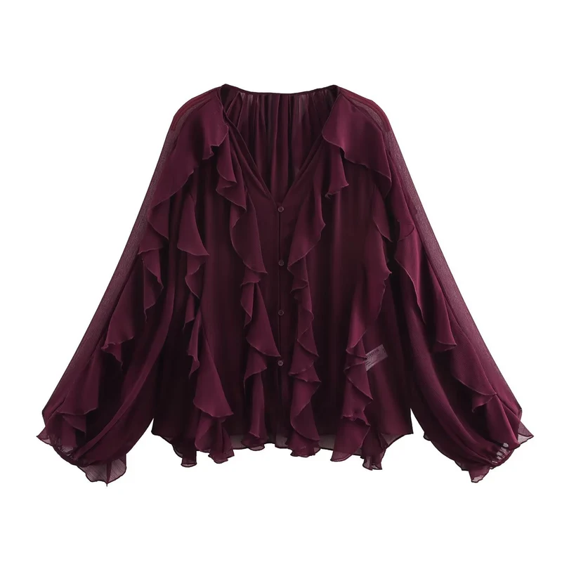 Damen 200+ voluminöse Chiffon‑Rüschenbluse mit Fledermausärmeln und Knopfleiste Drune