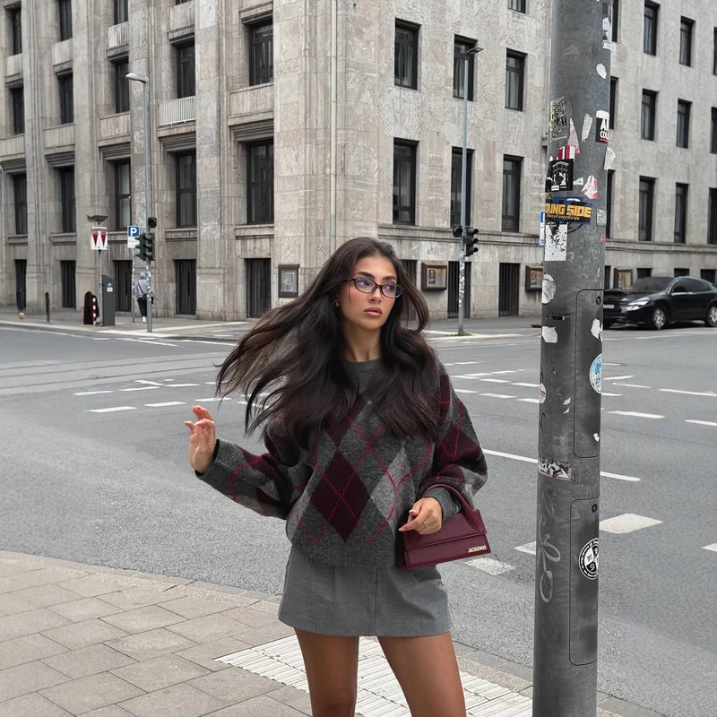 Damen 200+ oversized Argyle Strickpullover aus Wollmix mit Rundhalsausschnitt Drune
