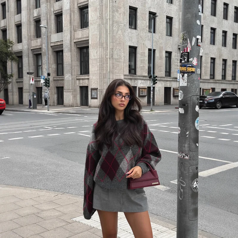 Damen 200+ oversized Argyle Strickpullover aus Wollmix mit Rundhalsausschnitt Drune