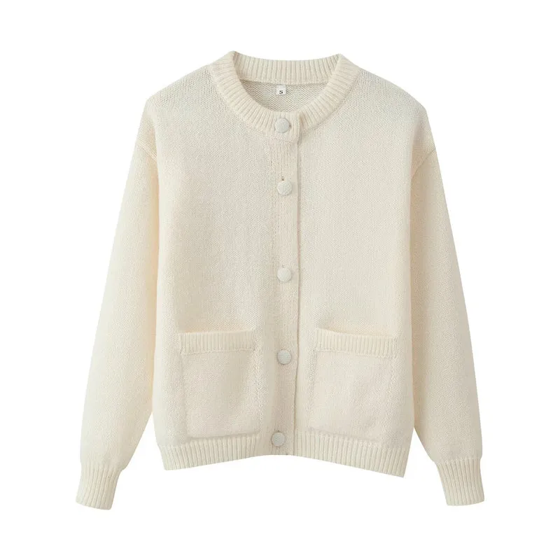 Damen 200+ Oversize Strickcardigan mit Rundhalsausschnitt, bezogenen Knöpfen und aufgesetzten Taschen Drune
