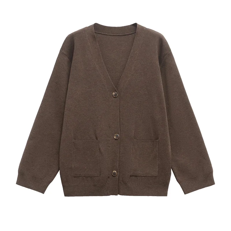 Damen 200+ Oversize Feinstrick‑Cardigan mit V‑Ausschnitt, Holzknöpfen und aufgesetzten Taschen Drune