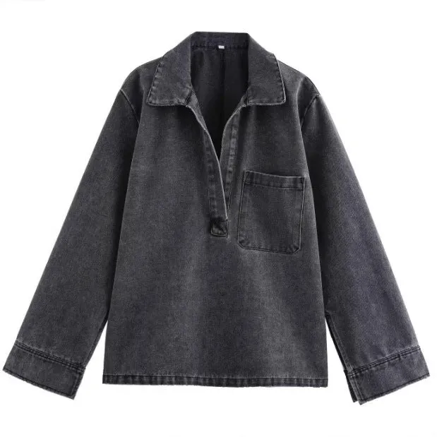 Damen 200+ Oversize Denim‑Hemdbluse mit V‑Ausschnitt und Brusttasche Drune