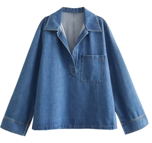 Damen 200+ Oversize Denim‑Hemdbluse mit V‑Ausschnitt und Brusttasche Drune