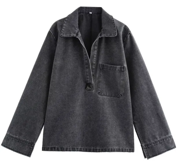 Damen 200+ Oversize Denim‑Hemdbluse mit V‑Ausschnitt und Brusttasche Drune
