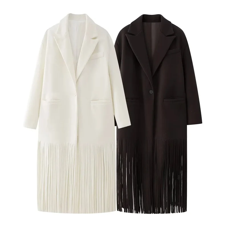 Damen 200+ lang geschnittener Mantel mit Plissee‑Fransen und Ein‑Knopf‑Blazer‑Silhouette Drune