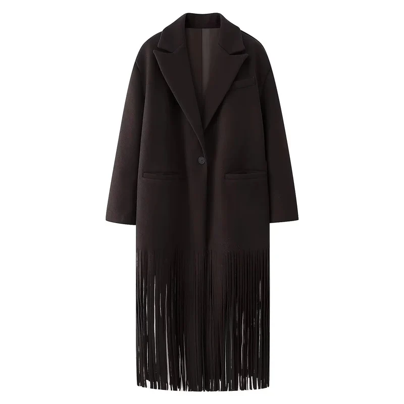 Damen 200+ lang geschnittener Mantel mit Plissee‑Fransen und Ein‑Knopf‑Blazer‑Silhouette Drune