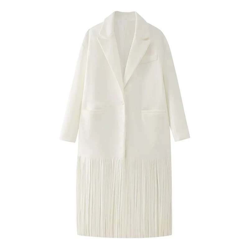 Damen 200+ lang geschnittener Mantel mit Plissee‑Fransen und Ein‑Knopf‑Blazer‑Silhouette Drune
