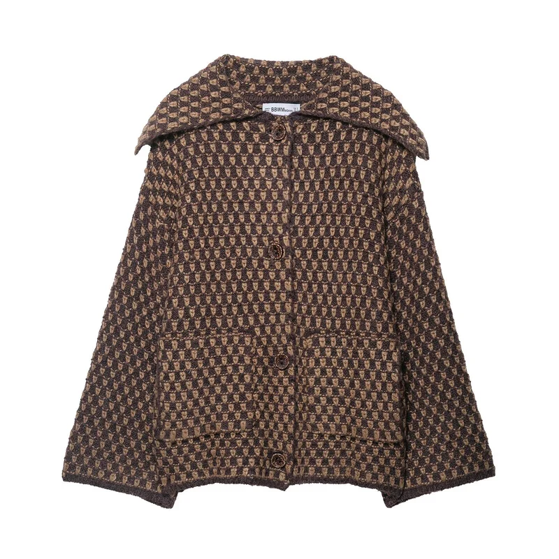 Damen 200+ kurzer Bouclé‑Wollmix‑Mantel mit großem Schalkragen und dekorativer Knopfleiste Drune