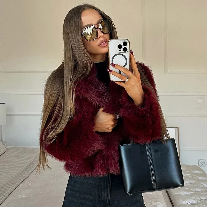 Damen 200+ kurze Cropped Kunstfelljacke mit breitem Schalkragen und samtiger Innenfütterung Drune