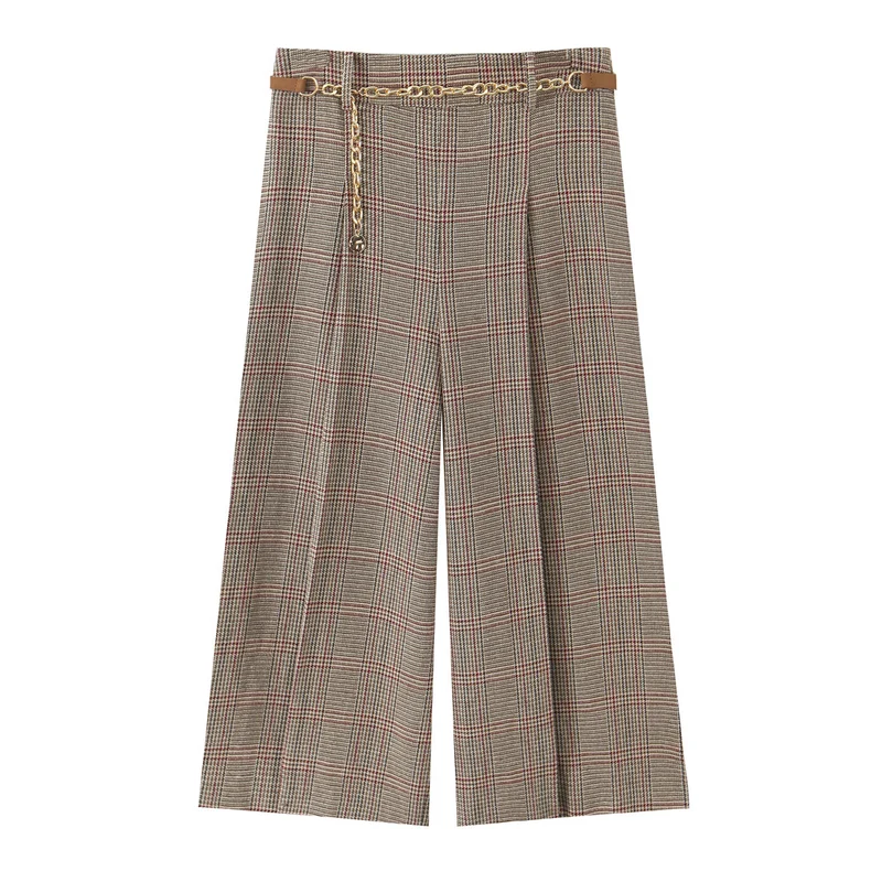 Damen 200+ hochtaillierte weite Glencheck-Palazzohose mit Zierkettengürtel Drune