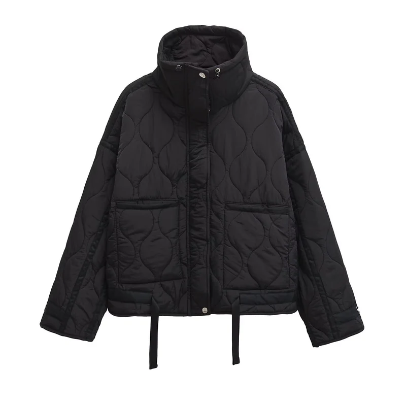 Damen 200+ gesteppte Cropped‑Kurzjacke mit hohem Stehkragen, Tunnelzug und aufgesetzten Taschen Drune
