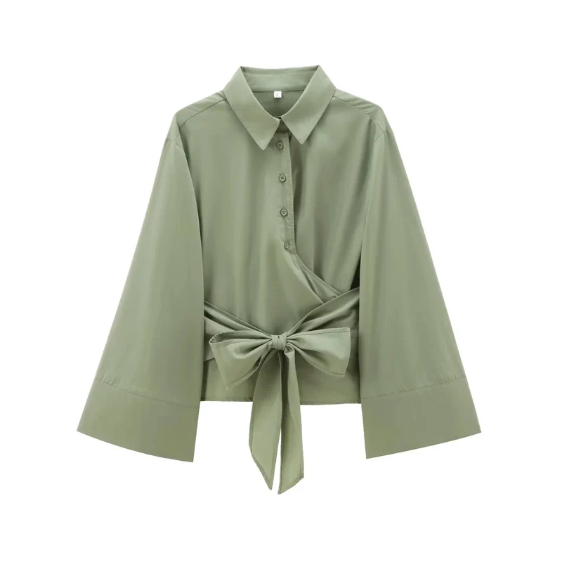 Damen 200+ elegante Wickelbluse mit weiten Kimonoärmeln und Taillenschleife Drune