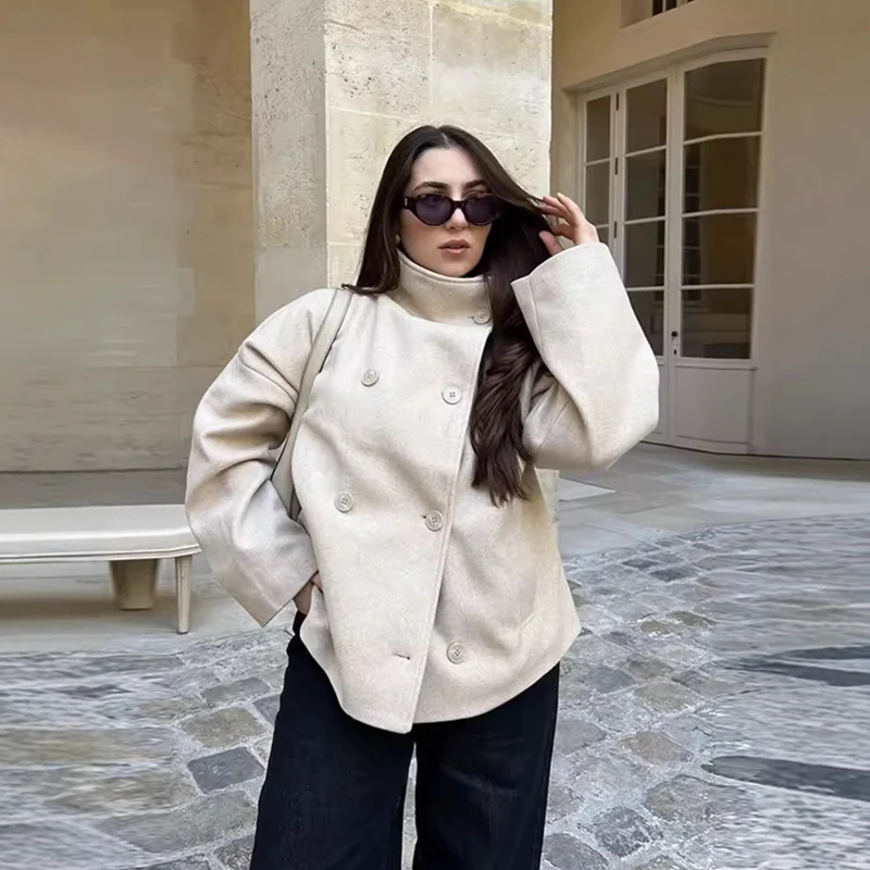 Damen 200+ boxy Wollmix Kurzjacke mit Stehkragen und verdeckter Doppelknopfleiste Drune