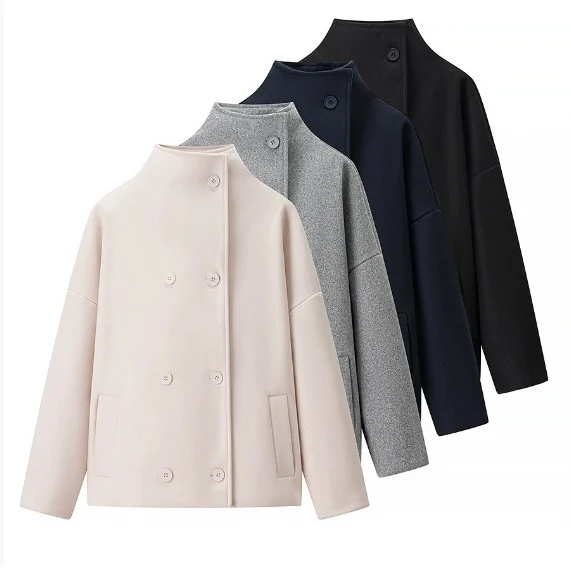 Damen 200+ boxy Wollmix Kurzjacke mit Stehkragen und verdeckter Doppelknopfleiste Drune