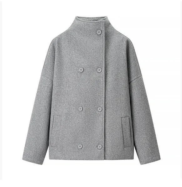 Damen 200+ boxy Wollmix Kurzjacke mit Stehkragen und verdeckter Doppelknopfleiste Drune