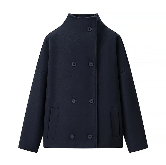 Damen 200+ boxy Wollmix Kurzjacke mit Stehkragen und verdeckter Doppelknopfleiste Drune